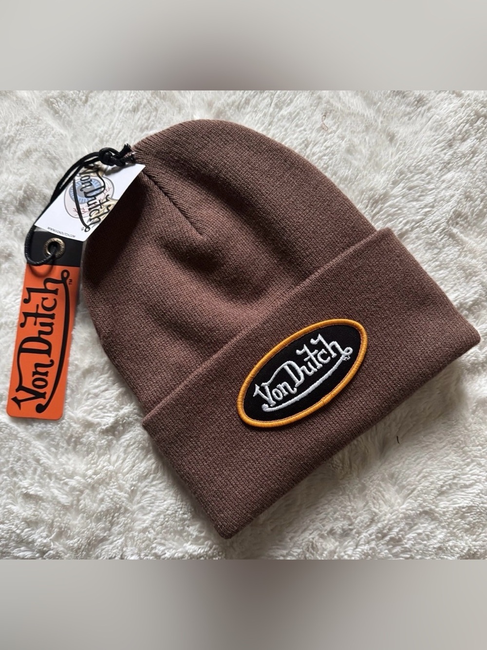 NWT Von Dutch Unisex Brown Knit Beanie Cuff Hat With Logo Patch - Fall Look